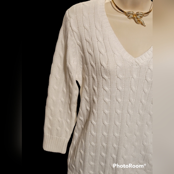 NWT Jeanne Pierre L Sweater 3/4 Sleeves White V Neck - Picture 2 of 7